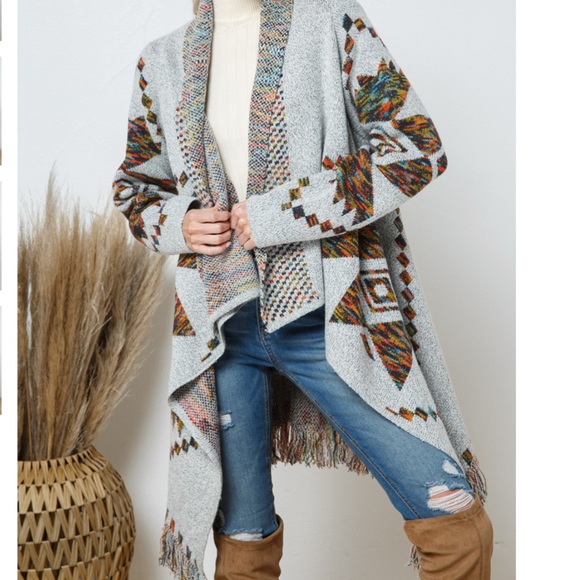 NEW Open Drape Knit Geo Pattern Blanket Cardigan With Fringe - Picture 4 of 10